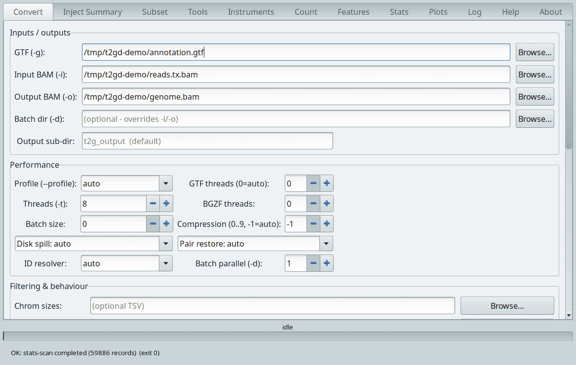 T2GD: The Convert tab with the three paths filled in and eight threads