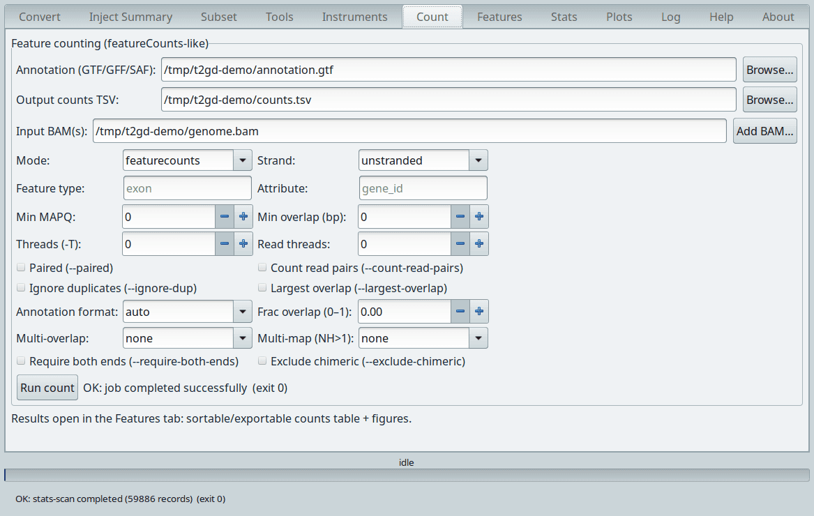 T2GD: The Count tab filled in with the demo annotation and BAM